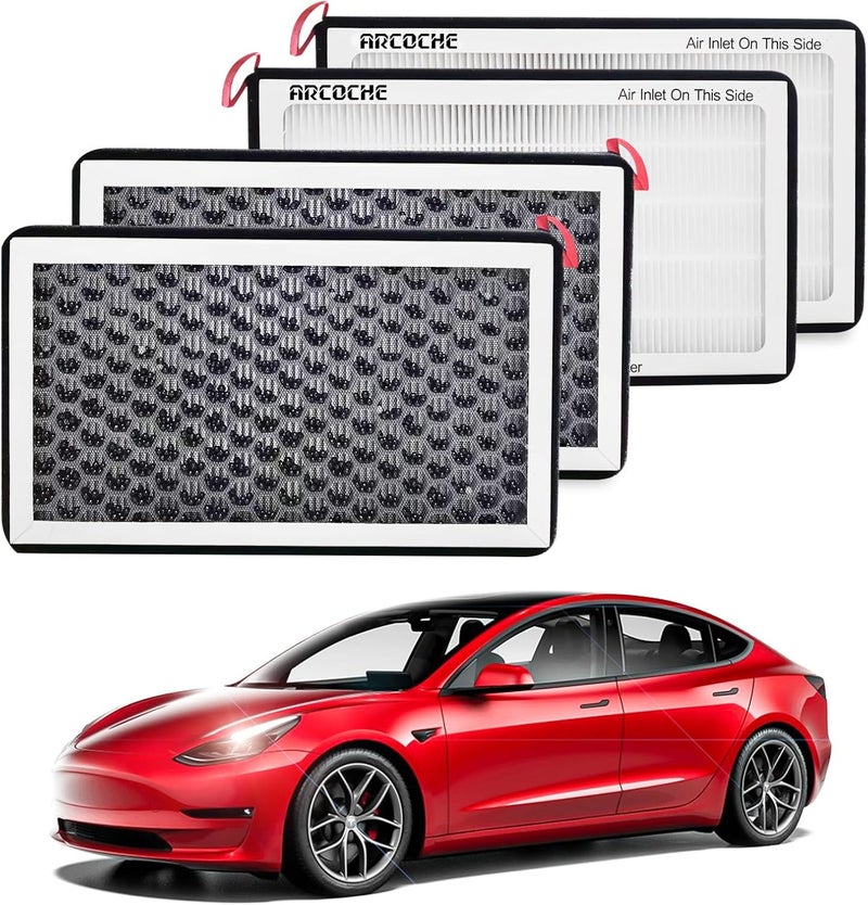 Arcoche HEPA Air Filter for Tesla Model Y Model 3 Juniper Highland, Cabin Air Filter with Activated Carbon, HEPA Filter Replacement Accessories for Model 3 Model Y 2016-2025 2026 (4 Pack) - Image 1